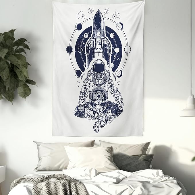 Lunarable Moon Phases Tapestry, Space Shuttle Astronaut in Lotus Position Tattoo Design Yoga Meditation, Wall Hanging for Bedroom Living Room Dorm Decor, 60" X 80", Dark Blue White
