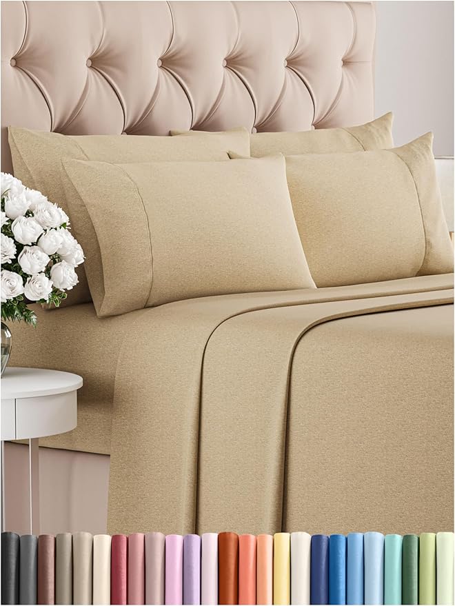 Queen 6 Piece Sheet Set - Comfy Breathable & Cooling - Soft Hotel Luxury Bedding Set with 8-16 Inch Deep Pockets - 1 Flat & 1 Fitted Sheet & 4 Pillowcases - Wrinkle Free & Easy Care - Heathered Tan