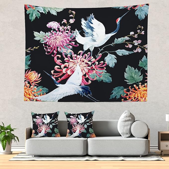 Batmerry Red Green Cranes Floral Leaves Tapestry, Traditional Japanese Watercolor Sytle Design Tapestry for Living Room Bedroom Wall Hanging Decorative 59.1x82.7 Inch