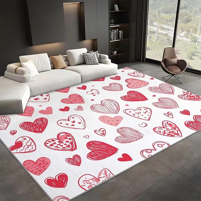 Area Rugs for Living Room 5x8 ft Cartoon Hand-Painted Red Love Washable Area Rug, Non Slip Floor Carpet, Ultra Soft Low Pile Rugs, for Bedroom, Dining Room, Office, Home Decor Rug