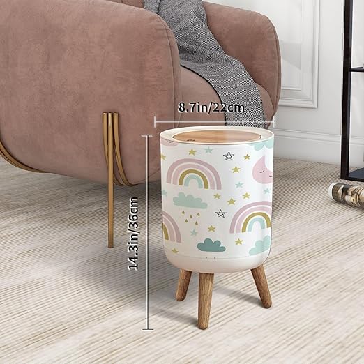 Small Trash Can with Lid Seamless Cute for Kids Children Rainbow Clouds Moon Stars Scandinavian Garbage Bin Pet Proof Waste Basket for Kitchen Bathroom Office Bedroom Decorative 1.8 Gallon