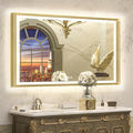 TETOTE 48x30 LED Bathroom Mirror with Lights Gold Metal Framed Front & Back Light Vanity Mirror Baroque Antifog Stepless Dimmable White/Warm/Natural,CRI90+,Waterproof,Wall Mounted(Horizontal/Vertical)