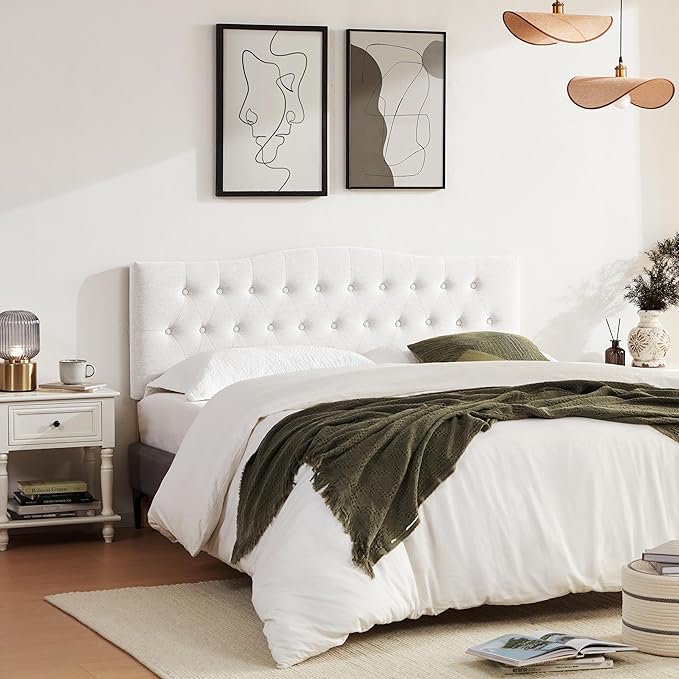 Tufted Upholstered Headboard Queen Size, Sturdy & Durable Solid Wood Bed headboard, Fabric Headboard Adjustable Height from 37” to 51”, Modern Button Diamond Design Head Board, White