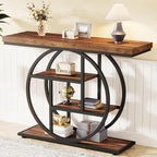 Tribesigns 41.3" Console Table, Industrial 4-Tier Sofa Table Entryway Table with Circle Base, Narrow Wood Accent Tables with Storage Shelves for Living Room, Hallway, Foyer, Rustic Brown