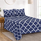 Mejoroom Full Bed Sheet Set - Super Soft Brushed Microfiber 1800 Thread Count Full Sheets with 16 inch Deep Pocket - Wrinkle Free - 4 Piece(Navy Quatrefoil with White Pattern)