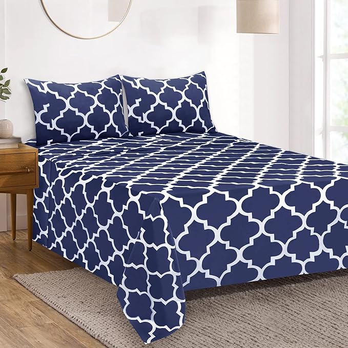 Mejoroom Queen Bed Sheet Set - Super Soft Brushed Microfiber 1800 Thread Count Queen Sheets with 16 inch Deep Pocket - Wrinkle Free - 4 Piece(Queen, Navy Quatrefoil with White Pattern)