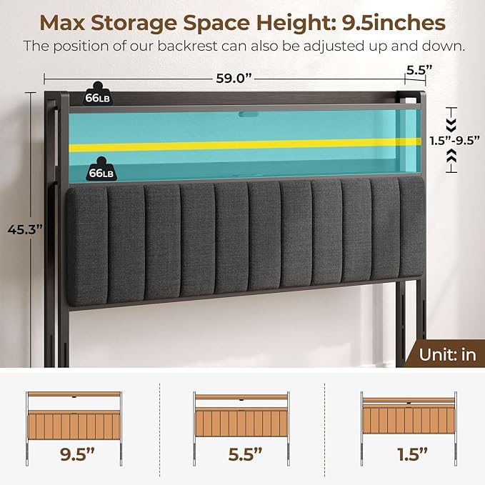 Rolanstar Headboard for Queen Size Bed with Storage, 60,000 DIY Color of LED Light, Head Board with USB & Type C Port, Height Adjustable, Black Upholstered Cabeceras de Cama Comfortable Modern, Linen