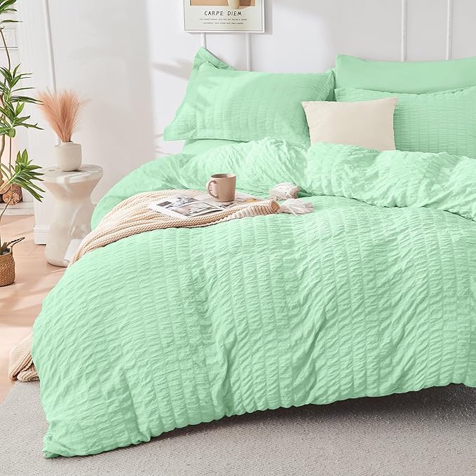 HYMOKEGE Mint Green Twin Comforter Set Seersucker 5 Pieces, All Season Luxury Bed in a Bag for Bedroom, Bedding Set with Comforter, Sheets, Pillowcase & Sham