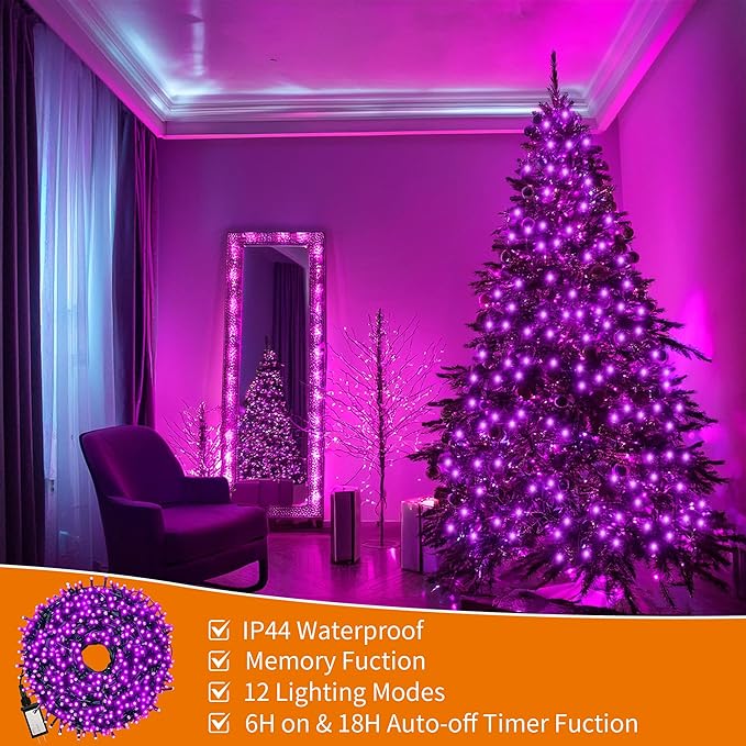 RPGT Christmas Light 1000 LEDs 336ft Green Cable Wire Fairy String Tree Twinkle Lights IP44 Waterproof 12 Modes for Christmas Party, Halloween, Outdoor, Garden, Wedding, Home Decoration (Purple)