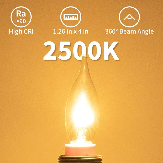 12-Pack E12 Candle Light Bulbs 25W Warm White 2500K, 240 Lumen Dimmable Chandelier Light Bulbs for Ceiling Fan, Pendants or Outdoor, CA10 Clear Candelabra Base Bulbs