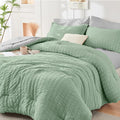 HYMOKEGE Sage Green/Light Grey Queen Comforter Set Seersucker 7 Pieces, All Season Luxury Bed in a Bag Queen for Bedroom, Bedding Set with Comforter, Sheets, Pillowcases & Shams