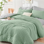 HYMOKEGE Sage Green/Light Grey Queen Comforter Set Seersucker 7 Pieces, All Season Luxury Bed in a Bag Queen for Bedroom, Bedding Set with Comforter, Sheets, Pillowcases & Shams