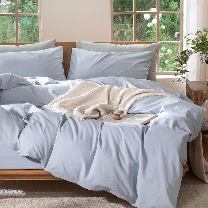MooMee Bedding Duvet Cover Set 100% Washed Cotton Linen Like Textured Breathable Durable Soft Comfy (Heathered Cornflower Blue, Super King Plus 120"x120")