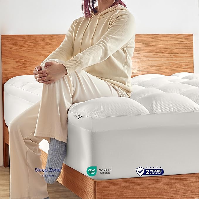 SLEEP ZONE Mattress Topper Full Size, Extra Thick Fitted Mattress Pad for Back Pain, Plush and Support Mattress Cover, Deep Pockets Mattress Protector, Hotel Quality (White, Full)