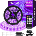 Upgraded 16.4ft/5M LED Black Light Strip Set with Remote, 300 LEDs, 12V Self-Adhesive Dimmable Black Light Fixture, for Dance Parties, SMD2835 LED Lamp Beads, Non-Waterproof