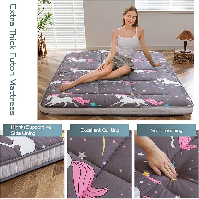 MAXYOYO Unicorn Pattern Futon Mattress, Padded Japanese Floor Mattress Quilted Bed Mattress Topper, Extra Thick Folding Sleeping Pad Breathable Floor Lounger Guest Bed for Camping Couch, Grey, Queen