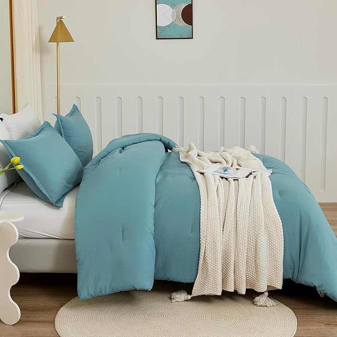Litanika Grayish Teal Comforter Set California King Size, 3 Pieces Cal King Lightweight Solid Bedding Comforter Set, All Season Fluffy Bed Set (104x96In Comforter & 2 Pillowcases)