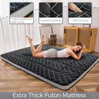 MAXYOYO Black Geometric Pattern Futon Mattress, Japanese Floor Mattress Quilted Bed Mattress Topper, Extra Thick Folding Sleeping Pad Breathable Floor Lounger Guest Bed for Camping Couch, Full
