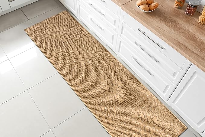 Custom Length Cut to Size Tribal Ethnic Southwestern Inspired Hallway Runner Rug, Non Slip Rubber Backed, 31 inch Wide X Customized Length, Inca Tan, 31 inch X 10 feet