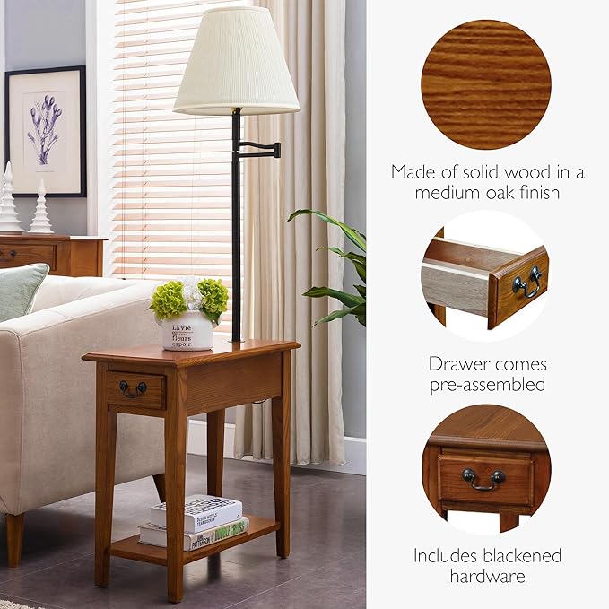 Haven Ridge Solid Wood Side Table with Built-In Swing Arm Lamp and Drawer, Medium Oak Brown, Perfect for Entryways, Living Rooms, and Small Spaces – Leick Home, 9037-MED