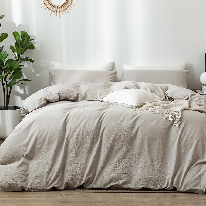 MooMee Bedding Duvet Cover Set 100% Washed Cotton Linen Like Textured Breathable Durable Soft Comfy (Heathered Cream Grey, Cal King 104"x98")