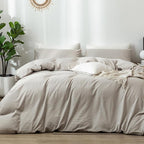 MooMee Bedding Duvet Cover Set 100% Washed Cotton Linen Like Textured Breathable Durable Soft Comfy (Heathered Cream Grey, King 104"x90")