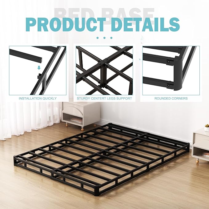 King Box Spring Bed Base 6 Inch, Low Profile Metal Box Spring King with Fabric Cover, 3000 Lbs Max Weight Capacity Mattress Foundation, Noise-Free, Easy Assembly