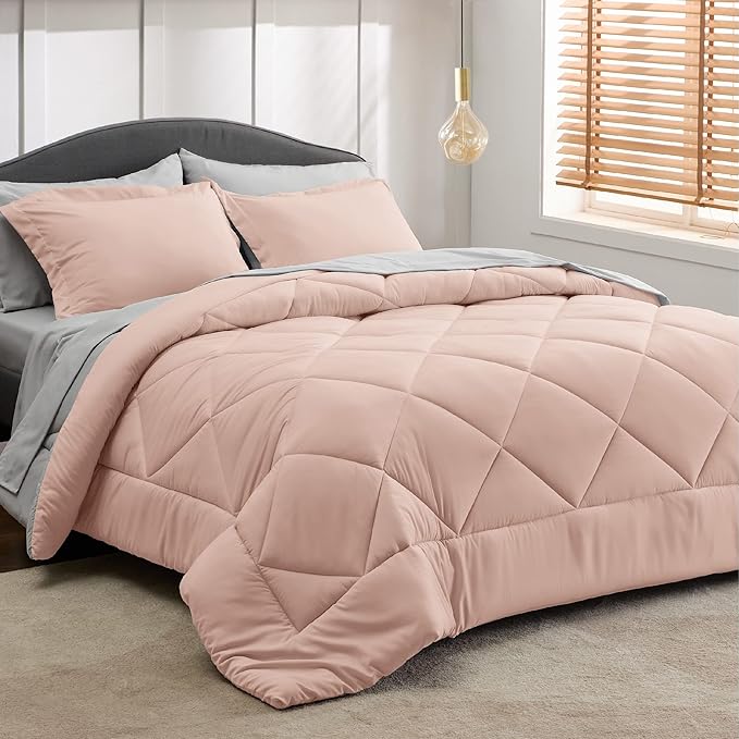 Bedsure Queen Comforter Set - 7 Pieces Reversible Blush Pink Bedding, Queen Size Bed Set for All Seasons, Bed in a Bag with Down Alternative Comforter, Sheets, Pillowcases & Shams