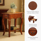 Leick Home Side Table, One Drawer, French Cabriole Leg, Shelf, Solid Poplar, Brown Cherry Finish, 12.5 in W x 23.5 in D x 24 in H, 9018-BR