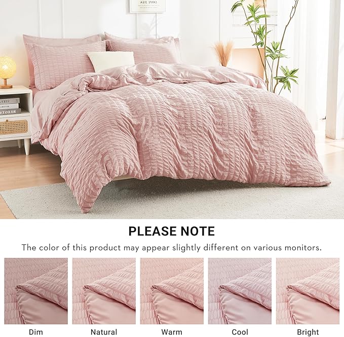 HYMOKEGE Rose Gold Queen Comforter Set Seersucker 7 Pieces, All Season Luxury Bed in a Bag for Bedroom, Bedding Set with Comforters, Sheets, Pillowcases & Shams