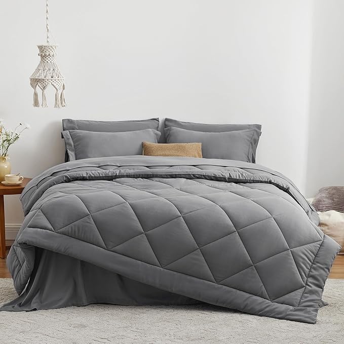 Love's cabin King Size Comforter Set Grey, 7 Pieces King Bed in a Bag, All Season Bedding Sets with 1 Comforter, 1 Flat Sheet, 1 Fitted Sheet, 2 Pillowcase and 2 Pillow Sham