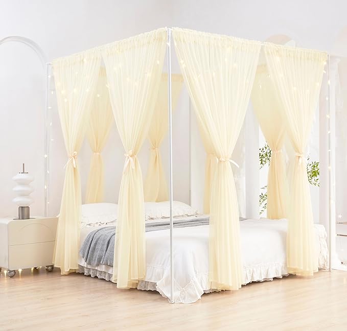 Akiky Ivory Canopy Bed Curtains with Lights 8 Panel Canopy Curtains Drapes for Twin Size Bed Large Rod Pocket Sheer Canopy Bed Drapes