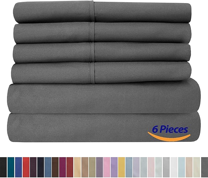 Sweet Home Collection 6 Piece 1500 Supreme Collection Brushed Microfiber Deep Pocket Sheet Set-2 Extra Pillow Cases, Great Value, Split King, Gray