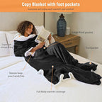 Catalonia Sherpa Wearable Blanket with Sleeves & Foot Pockets for Adult Women Men, Comfy Snuggly Wrap Sleeved Throw Blanket Robe, Gift Idea, Black