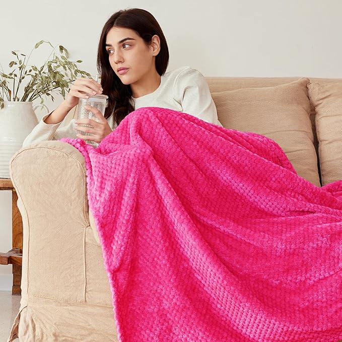 Exclusivo Mezcla Fleece Bed Blanket Twin Size, Super Soft and Warm Blankets for Couch, Sofa and Bed Waffle Textured, Cozy, Fuzzy and Lightweight (Hot Pink, 90x66 Inches)