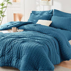 HYMOKEGE Teal King Size Comforter Set Seersucker 7 Pieces, All Season Luxury Bed in a Bag for Bedroom, Bedding Set with Comforters, Sheets, Pillowcases & Shams