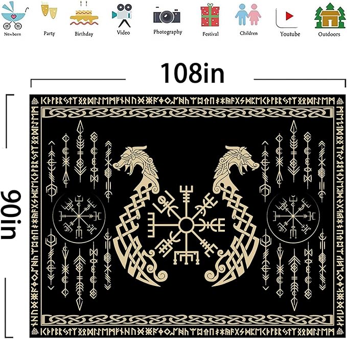 OSUNBD Nordic Vikings Tapestry, Large 10890 inches Soft Flannel, Vegvsir Symbol Twins Dragons Celtic Rune Scandinavian Aesthetic Mythology Tapestry Wall Hanging for Bedroom Living Room Decor