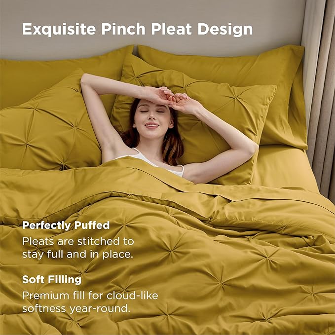 Bedsure Full Comforter Set Mustard Yellow - Bed in a Bag Full Size Bedding Set 7 Pieces, GentleSoft™ Pintuck Bed Set Gift for Family, Pinch Pleat All Season Comforter with Sheets, Pillowcases & Shams