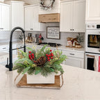Christmas Centerpieces 8 Inch Artificial Christmas Plant in Rectangular Wooden Pot Tabletop Pine Plants with Red Berries Pine Cones Eucalyptus for Winter Holiday Party Fireplace Mantel Xmas Decor