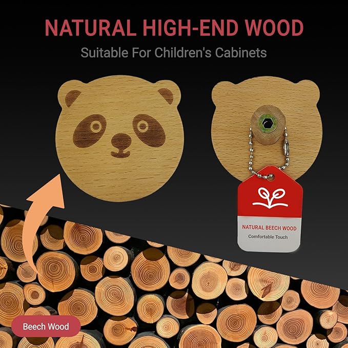 6PCS Wooden Panda Shaped Cabinet Knobs, Cabinet Handles, Single Hole Beech Wood Handles, Wood Hooks with Full Set of Screw Accessories