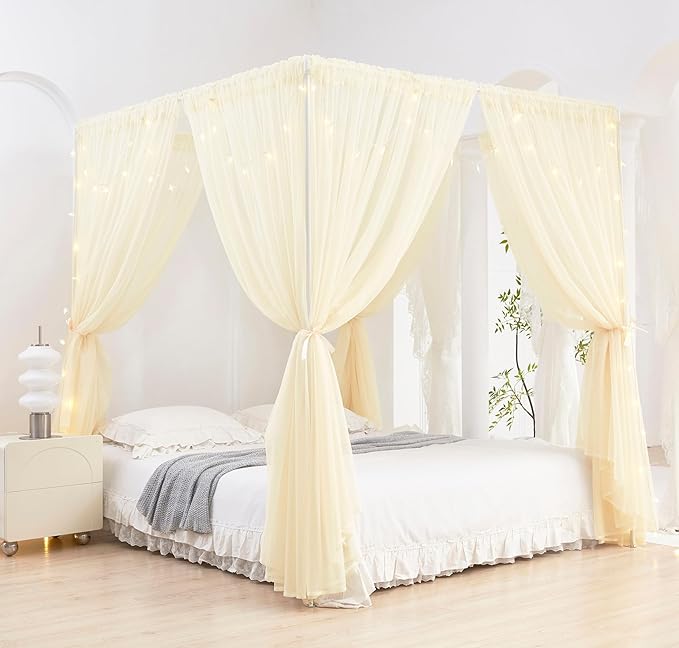 Akiky Ivory Canopy Bed Curtains with Lights 8 Panel Canopy Curtains Drapes for King Size Bed Large Rod Pocket Sheer Canopy Bed Drapes