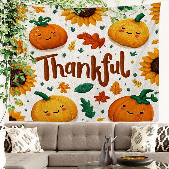 Batmerry Thankful Fall Pumpkins Tapestry, Happy Pumpkins Sunflowers Maple Leaves Wall Art Hanging Decoration Polyester Fiber White Ruffled Around for Dorm Room Bedroom Living Room, 51.2x59.1 inches