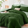 HYMOKEGE Dark Green/Sage Green Queen Comforter Set Seersucker 7 Pieces, All Season Luxury Bed in a Bag Queen for Bedroom, Bedding Set with Comforter, Sheets, Pillowcases & Shams