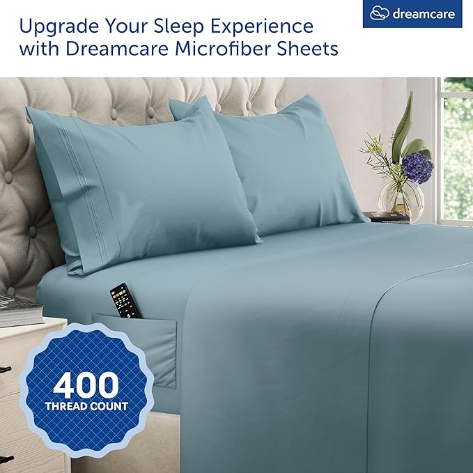 DREAMCARE King Size Sheets Set - Cooling Bed Sheets - 4pcs Set - up to 15" Deep Pocket King Sheet Set – Soft & Long Lasting Cooling - 100% Fine Brushed Microfiber with Side Pocket - Mineral Blue