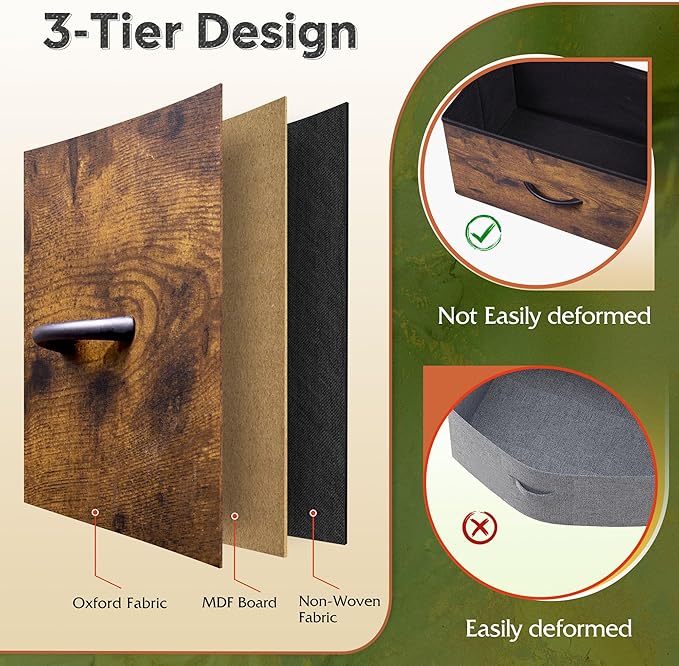 WLIVE Dresser with 3 Drawers, Fabric Nightstand, Cabinet with Wheels, Organizer Storage Dresser for Bedroom, Office, Closets, Sturdy Steel Frame, Easy Pull Handle, Rustic Brown Wood Grain Print
