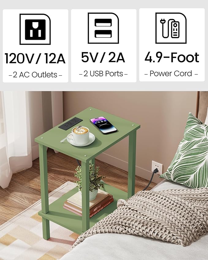 TUTOTAK End Table with Charging Station, Small Side Table with Outlets, Nightstand Bedside Table, 2-Tier Storage Shelf for Small Space, Living Room, Bedroom, Olive Green TB01BOG040