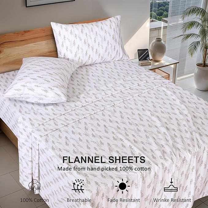 RUVANTI Flannel Sheets King Size - 100% Cotton Brushed King Size Sheets Set - Deep Pockets 16 Inches Bed Sheets - All Seasons Breathable & Extra Soft - Warm & Cozy, 4 Piece, Dried Straw