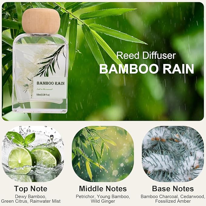 Reed Diffusers for Home, Bamboo Rain Scent 100ml （3.38oz） | Long-Lasting Natural Scented Oil for Use in Home, Bathroom, Office & Room Decor | Aromatherapy Air Freshener