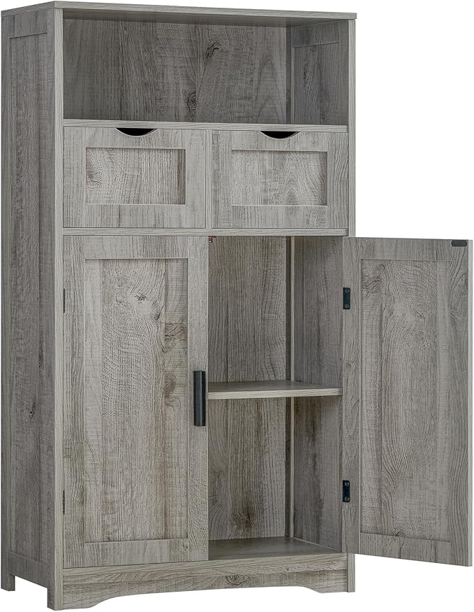 Iwell Storage Cabinet with 2 Drawers & 2 Adjustable Shelves, Kitchen Cabinet, Cupboard, for Living Room, Kitchen, Entryway, Home Office, Grey