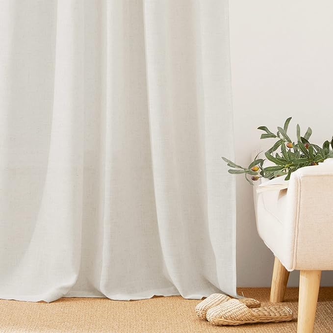 RYB HOME Linen Sheer Curtains - Faux Linen Semi Transparent Window Drapes Privacy UV Protection Short Curtains for Living Room, Home Office, Car, Kitchen, 52 Wide by 36 Long inches, 2 Pcs